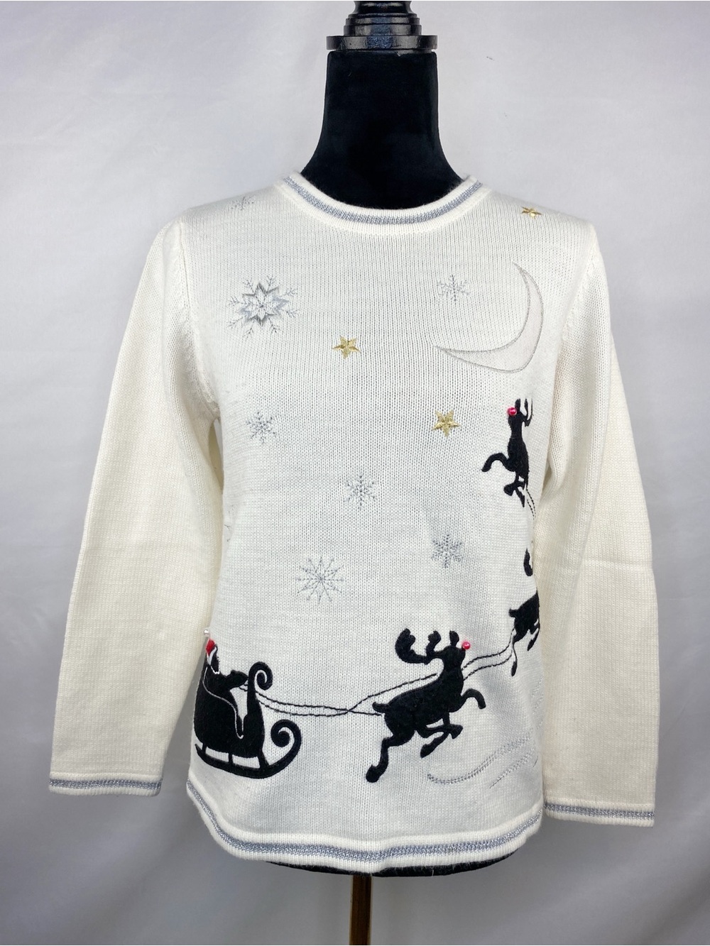 White Stag Christmas Sweater Embroidered Beaded Santa Reindeer Size Medium